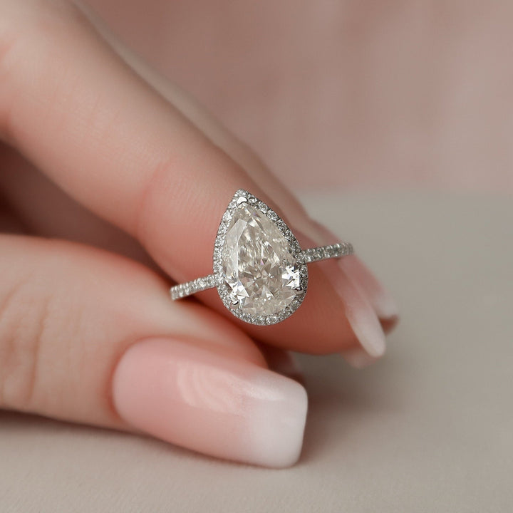 2.0ct Pear Halo Pave Moissanite Diamond Engagement Ring