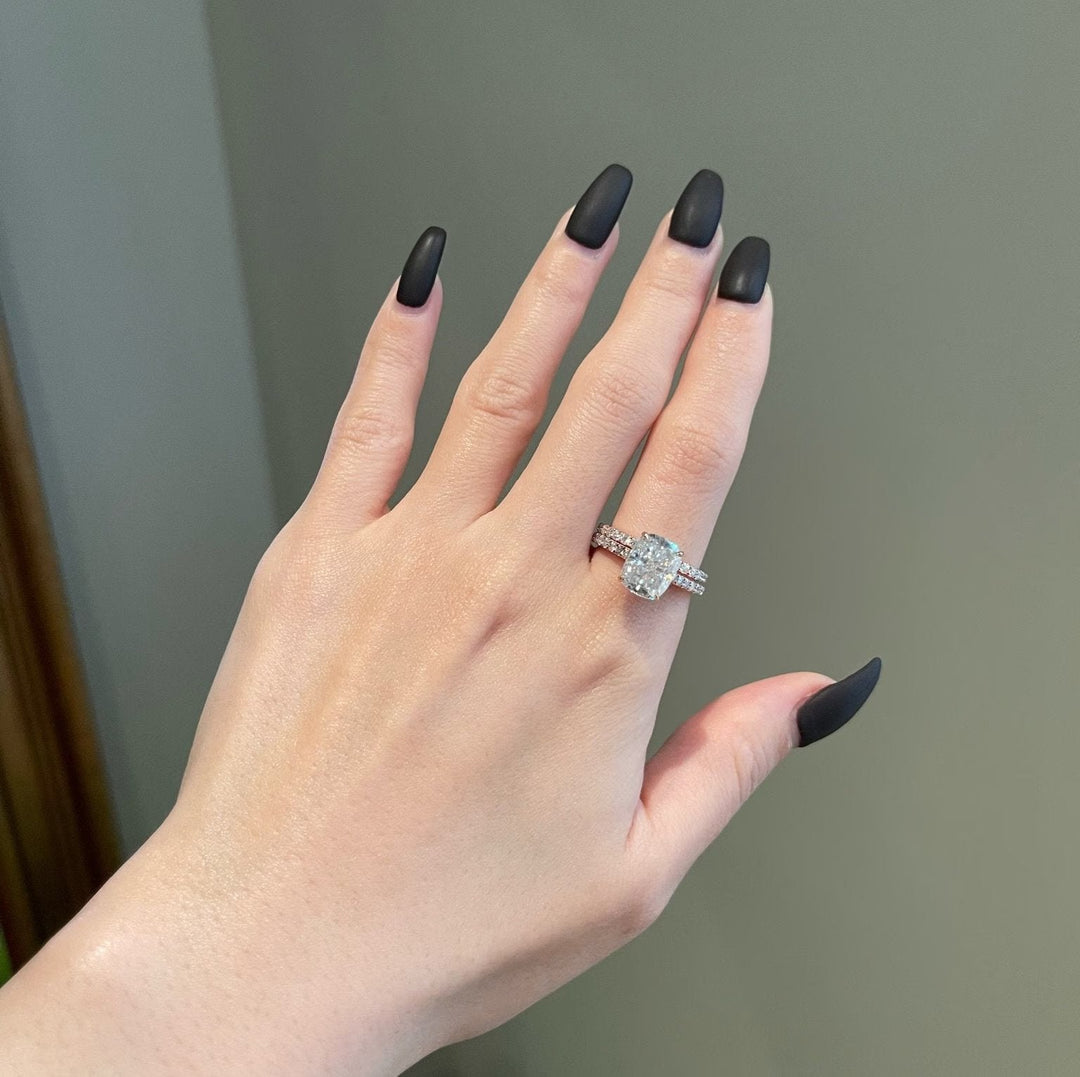 4.0ct Elongated Cushion Hidden Halo Pave Moissanite Diamond Engagement Ring