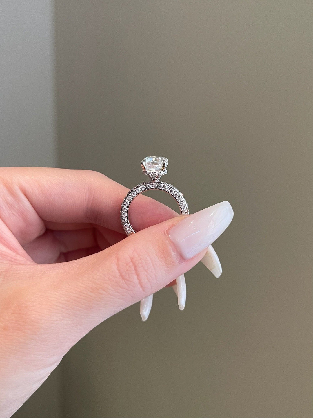 4.0ct Elongated Cushion Hidden Halo 3 Side Pave Moissanite Diamond Enagement Ring