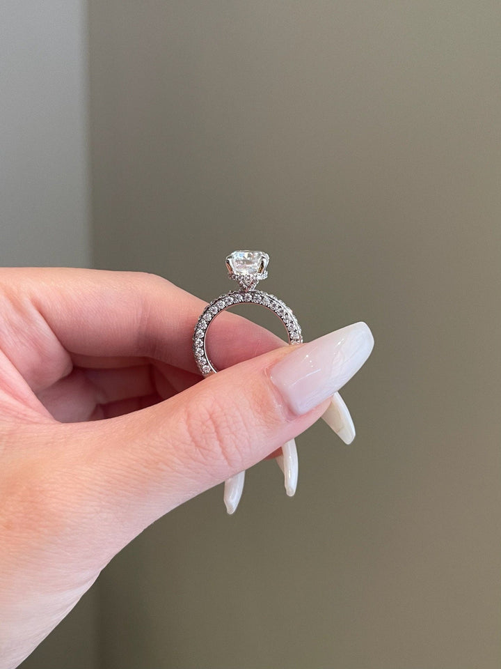 4.0ct Elongated Cushion Hidden Halo 3 Side Pave Moissanite Diamond Enagement Ring