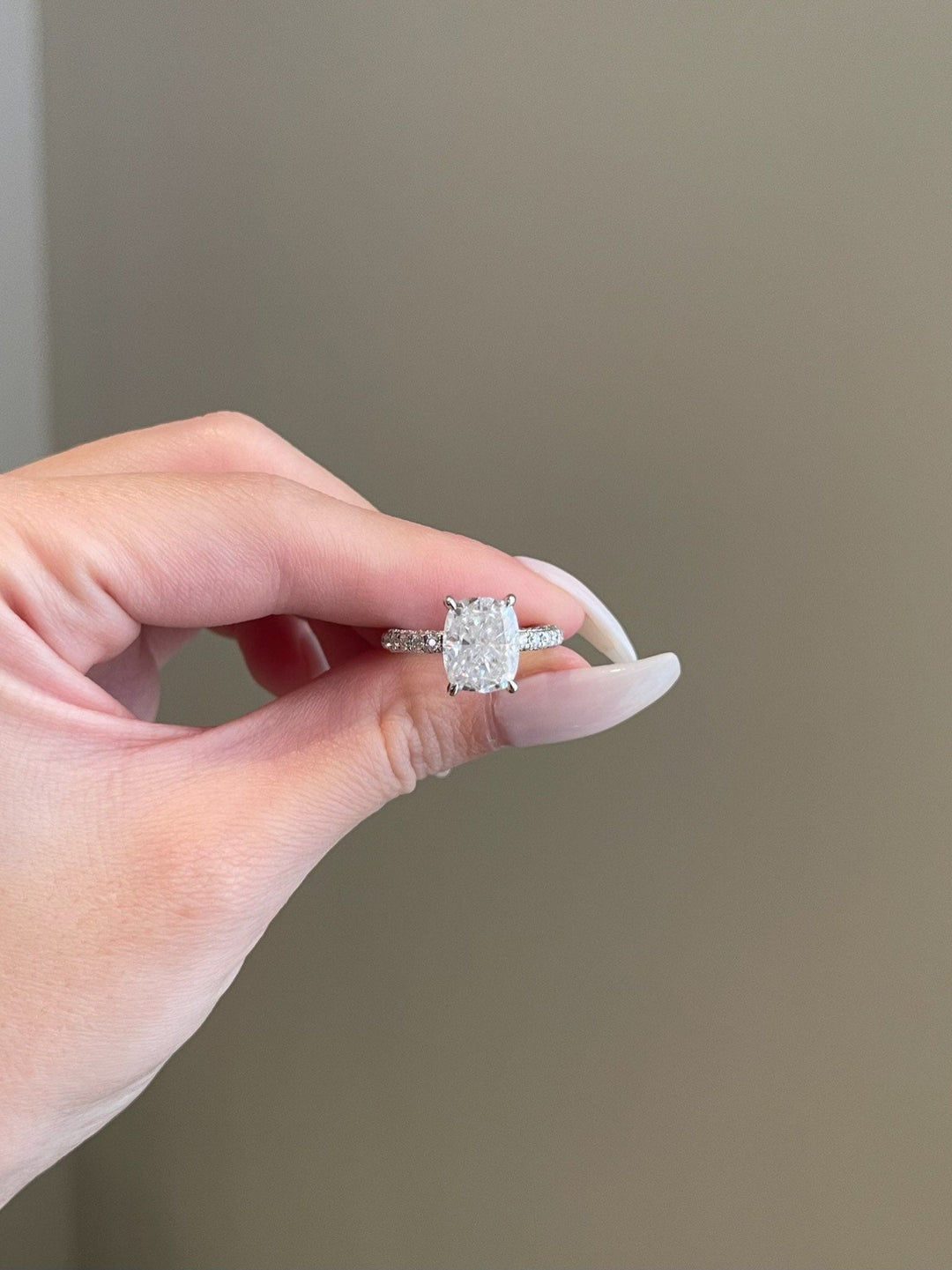4.0ct Elongated Cushion Hidden Halo 3 Side Pave Moissanite Diamond Enagement Ring