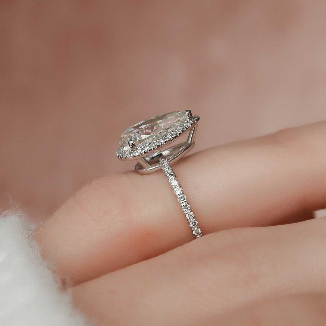 2.0ct Pear Halo Pave Moissanite Diamond Engagement Ring