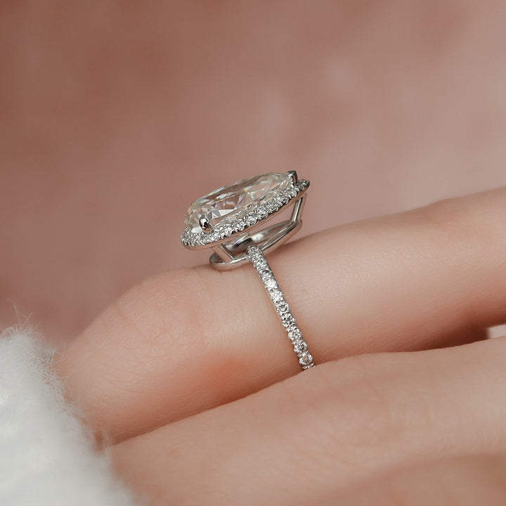 2.0ct Pear Halo Pave Moissanite Diamond Engagement Ring
