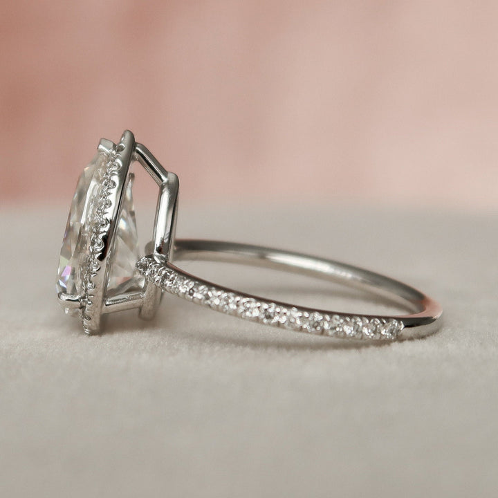 2.0ct Pear Halo Pave Moissanite Diamond Engagement Ring