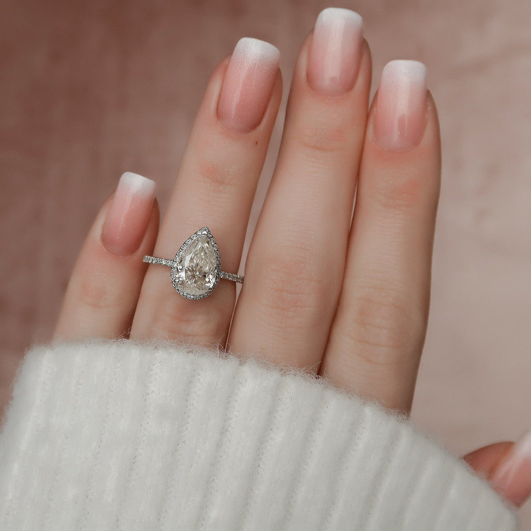 2.0ct Pear Halo Pave Moissanite Diamond Engagement Ring