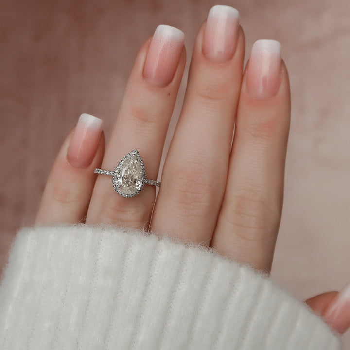 2.0ct Pear Halo Pave Moissanite Diamond Engagement Ring