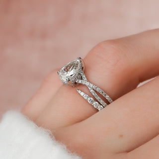 1.90tcw Pear Cut Moissanite Split Shank Halo Bridal Engagement Ring Set