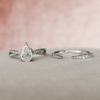 1.90tcw Pear Cut Moissanite Split Shank Halo Bridal Engagement Ring Set