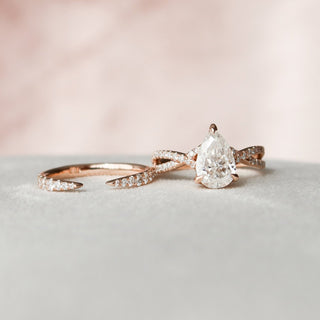 1.90tcw Pear Cut Moissanite Split Shank Halo Bridal Engagement Ring Set