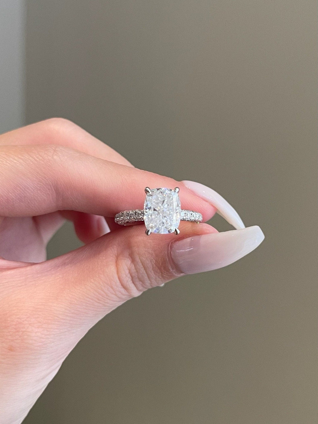 4.0ct Elongated Cushion Hidden Halo 3 Side Pave Moissanite Diamond Enagement Ring