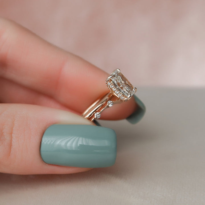 1.35tcw Radiant Cut Moissanite Solitaire Halo Eternity Bridal Engagement Ring Set