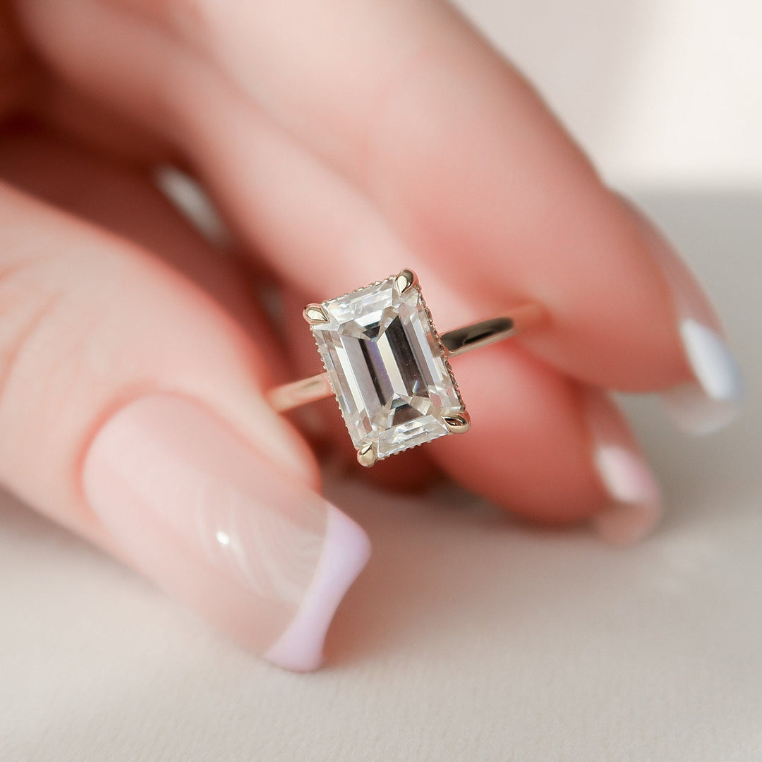 3.0CT Emerald Cut Hidden Halo Moissanite Diamond Engagement Ring