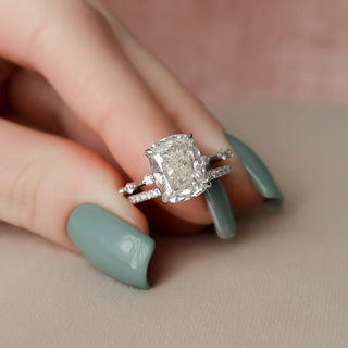 5.50tcw Cushion Cut Moissanite Diamond Halo Bridal Engagement Ring Set