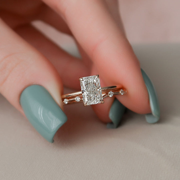 1.35tcw Radiant Cut Moissanite Solitaire Halo Eternity Bridal Engagement Ring Set