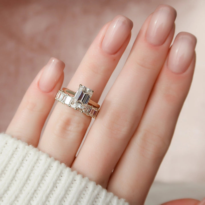 5.57tcw Emerald Cut Moissanite Solitaire Hidden Halo Bridal Engagement Ring Set