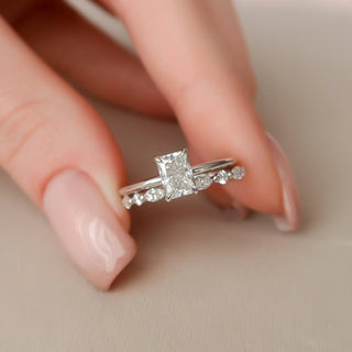 1.50tcw Radiant Cut Moissanite Hidden Halo Bridal Engagement Ring Set