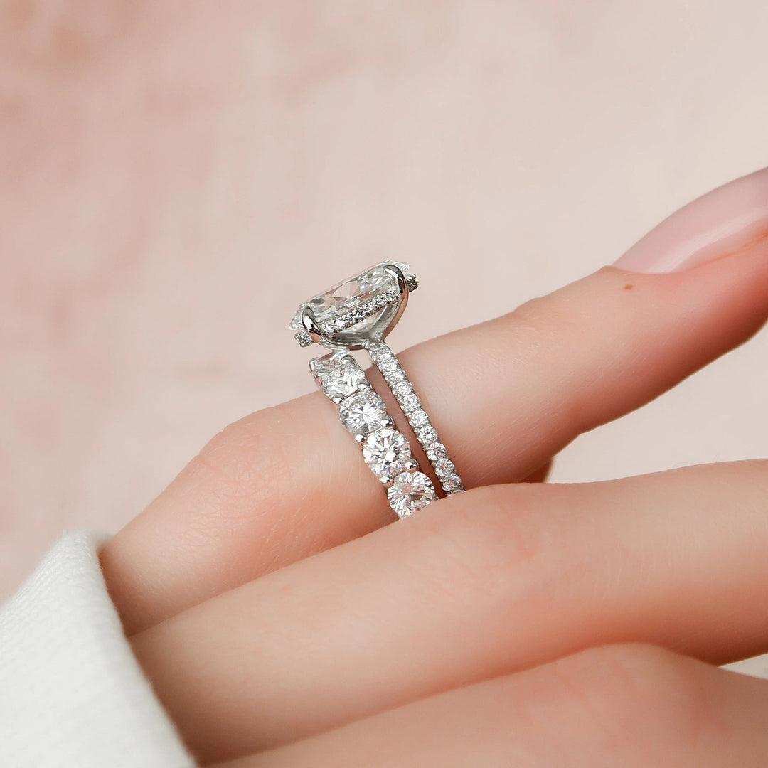 5.95tcw Oval Cut Moissanite Halo Full Eternity Bridal Engagement Ring Set