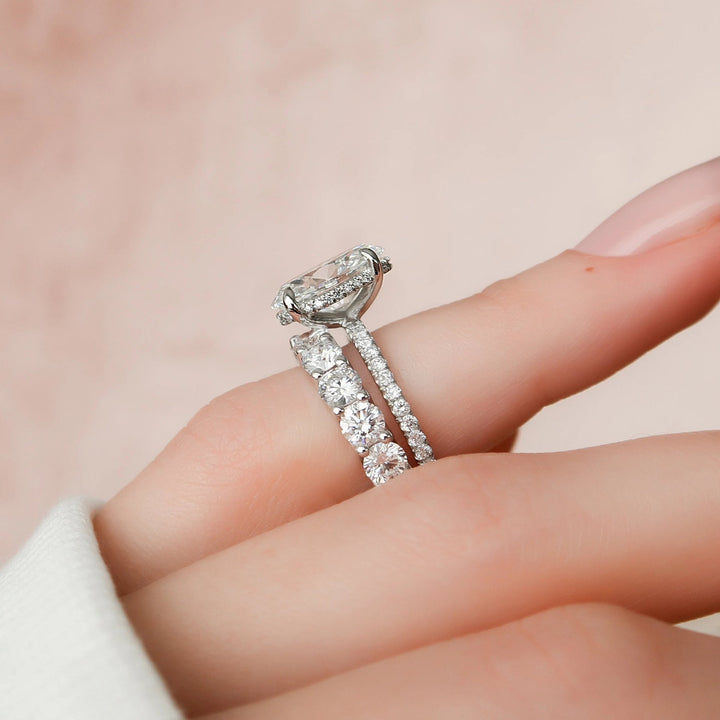 5.95tcw Oval Cut Moissanite Halo Full Eternity Bridal Engagement Ring Set