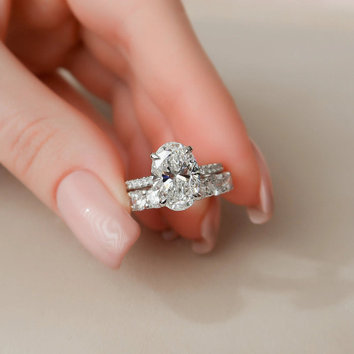 5.95tcw Oval Cut Moissanite Halo Full Eternity Bridal Engagement Ring Set