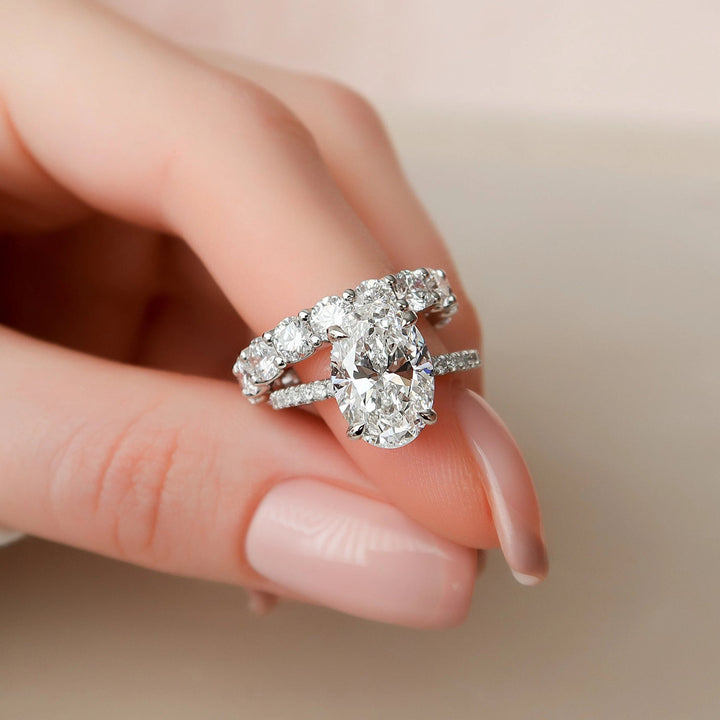 5.95tcw Oval Cut Moissanite Halo Full Eternity Bridal Engagement Ring Set