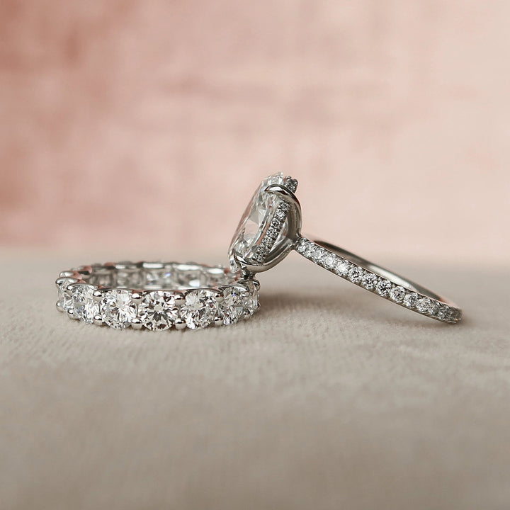 5.95tcw Oval Cut Moissanite Halo Full Eternity Bridal Engagement Ring Set