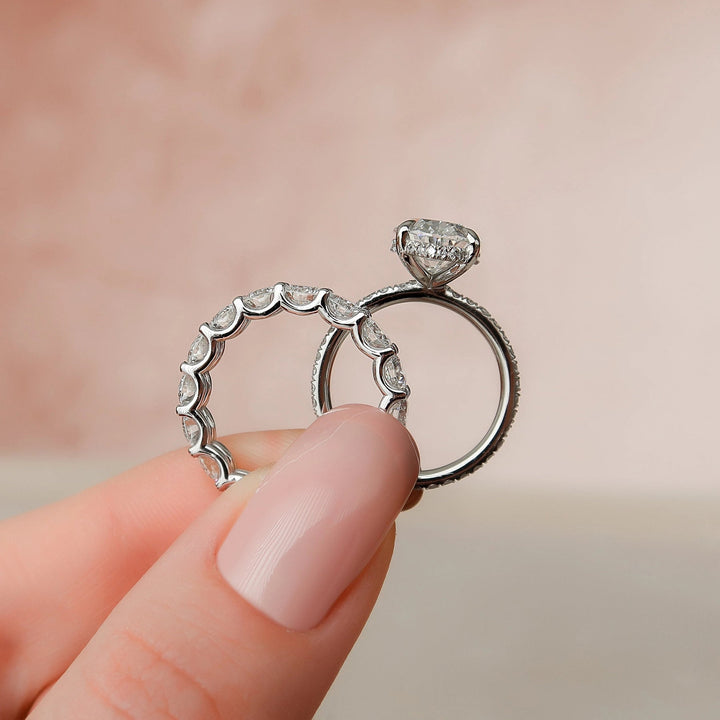 5.95tcw Oval Cut Moissanite Halo Full Eternity Bridal Engagement Ring Set