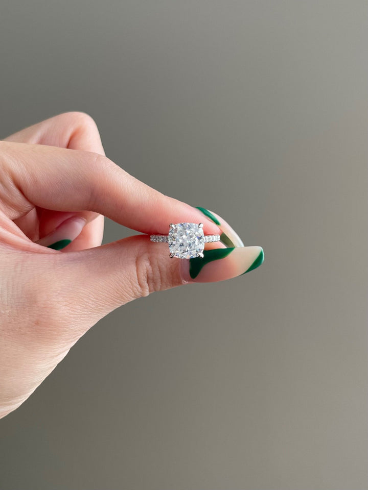 4.0ct Cushion Cut Hidden Halo Pave Moissanite Diamond Engagement Ring
