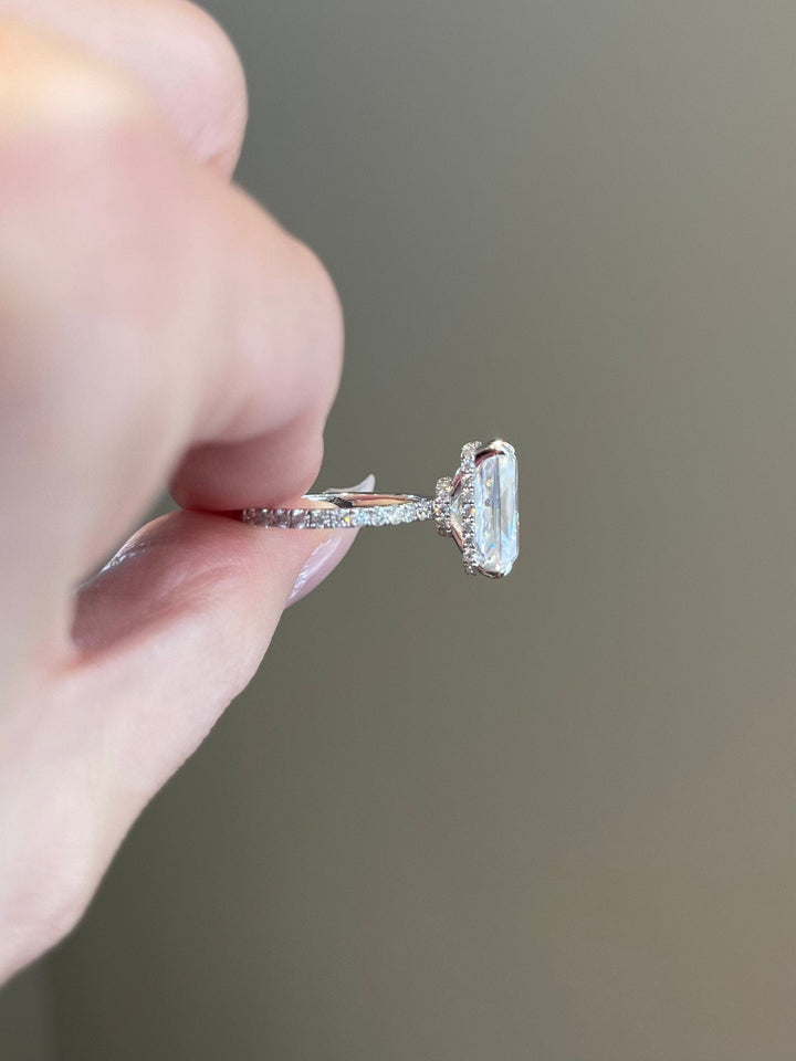 5.0ct Radiant Cut Hidden Halo Pave Moissanite Diamond Engagement Ring