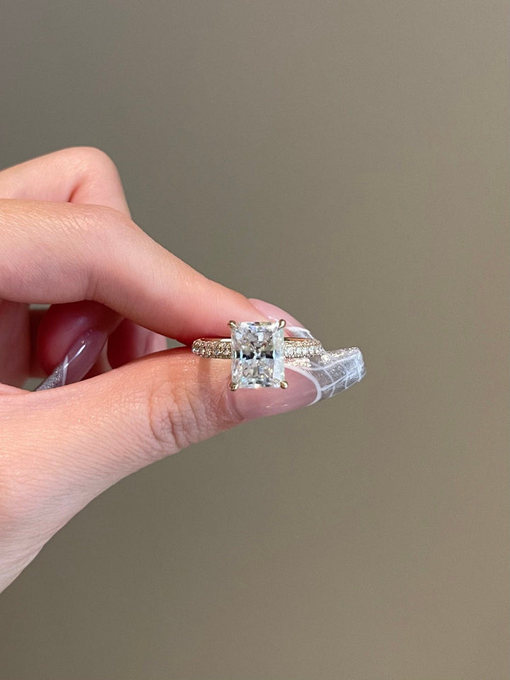 4.0ct Radiant Cut Hidden Halo 3 Side Pave Moissanite Diamond Engagement Ring