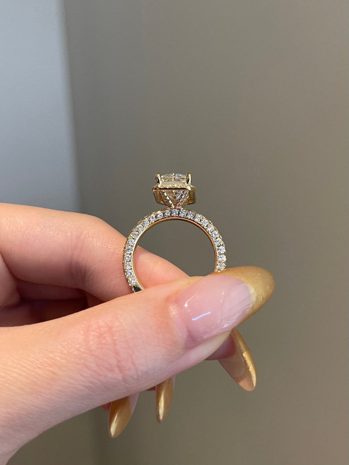 4.0ct Radiant Cut Halo 3 Side Pave Moissanite Diamond Engagement Ring