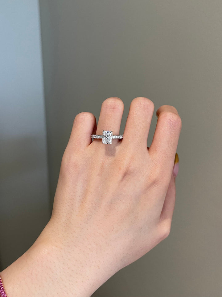 2.0ct Radiant Cut Hidden Halo 3 Side Pave Moissanite Diamond Engagement Ring
