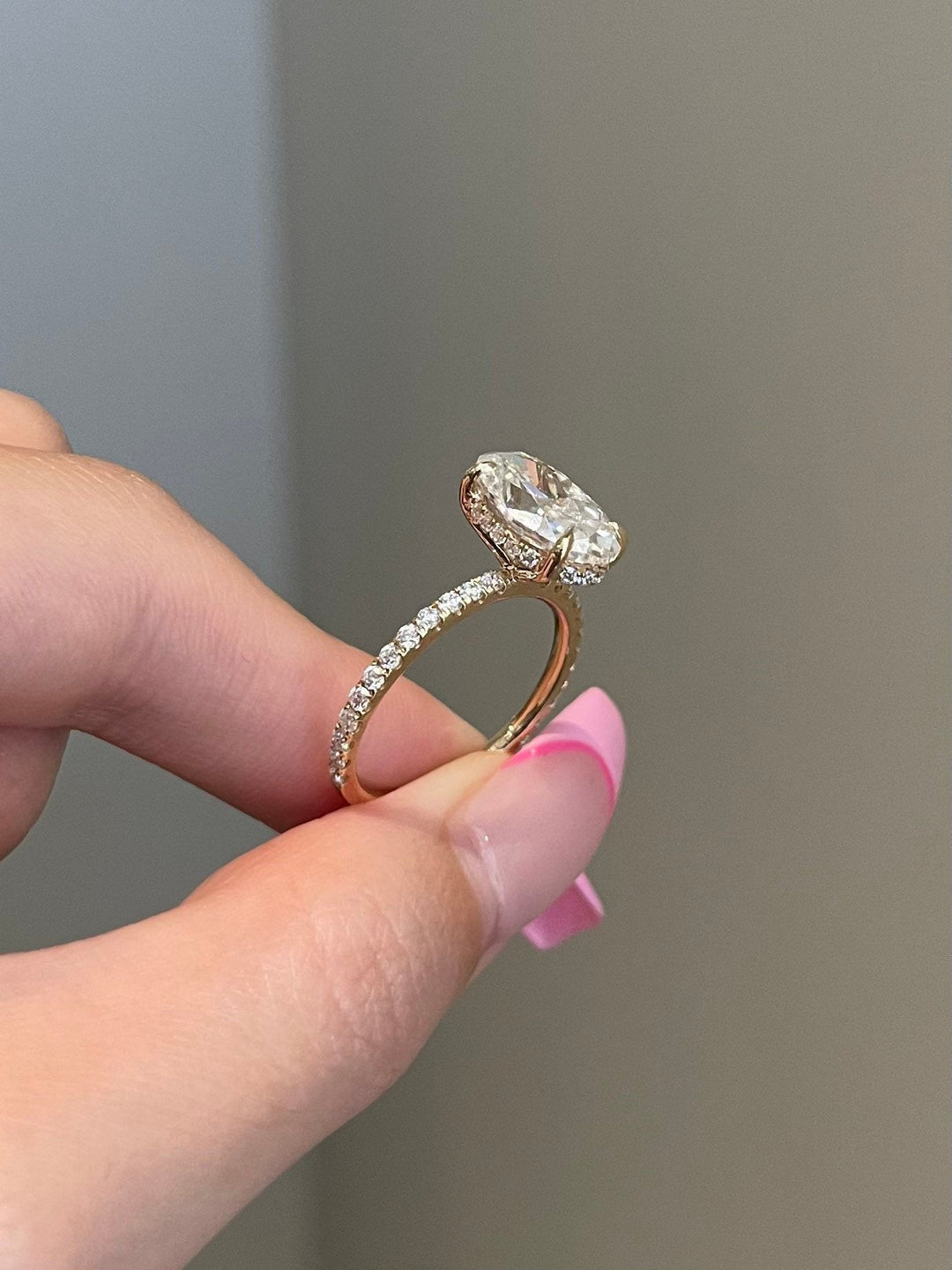 4.0ct Elongated Oval Hidden Halo Pave Moissanite Diamond Engagement Ring