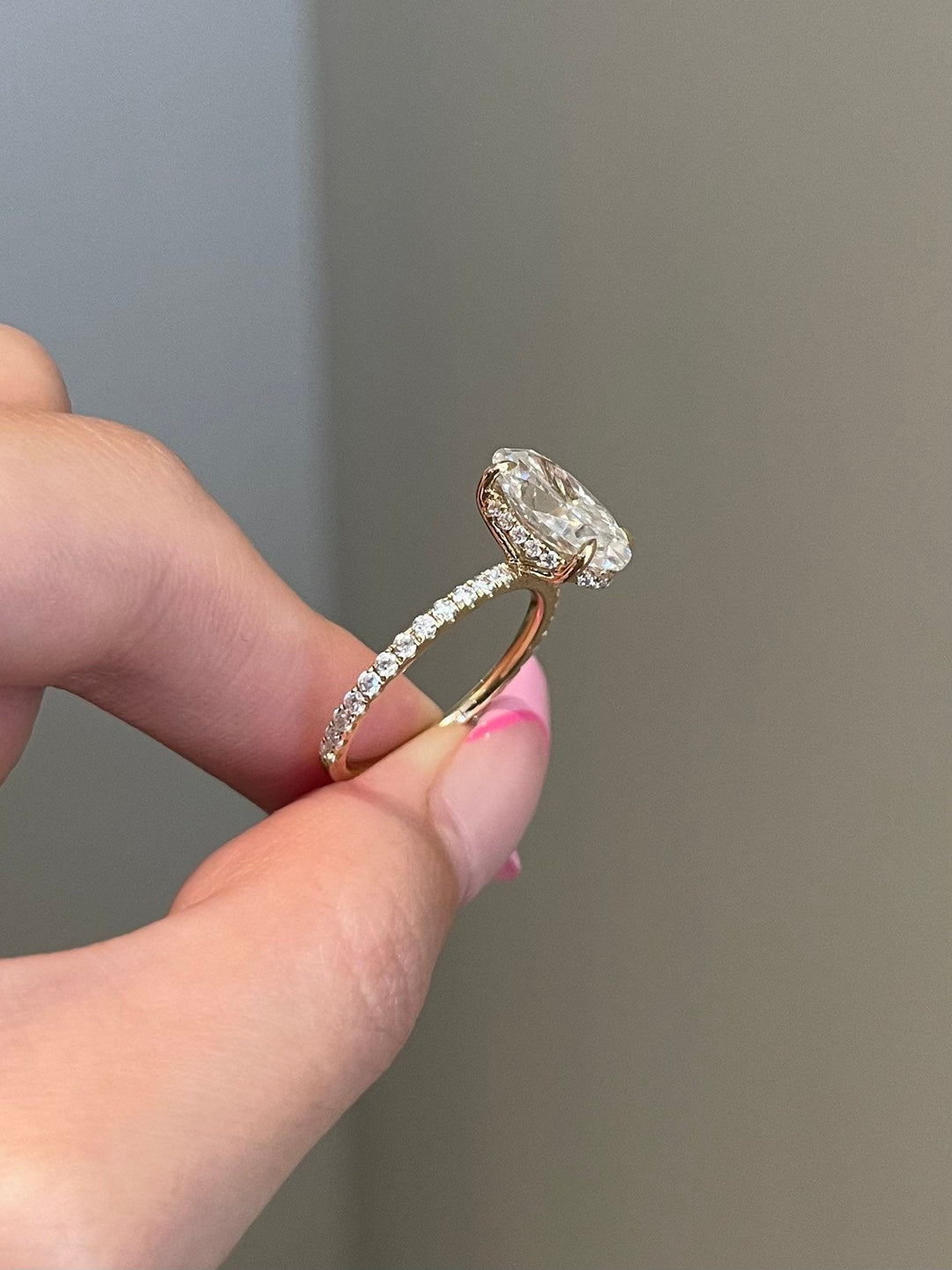 4.0ct Elongated Oval Hidden Halo Pave Moissanite Diamond Engagement Ring