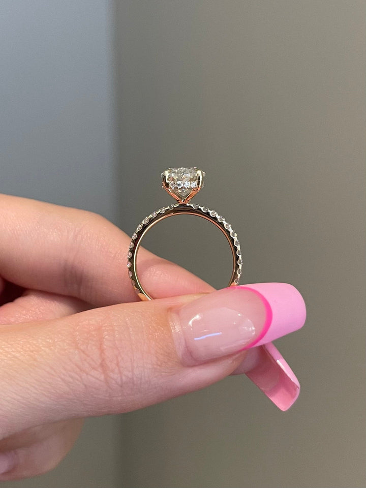 4.0ct Elongated Oval Hidden Halo Pave Moissanite Diamond Engagement Ring