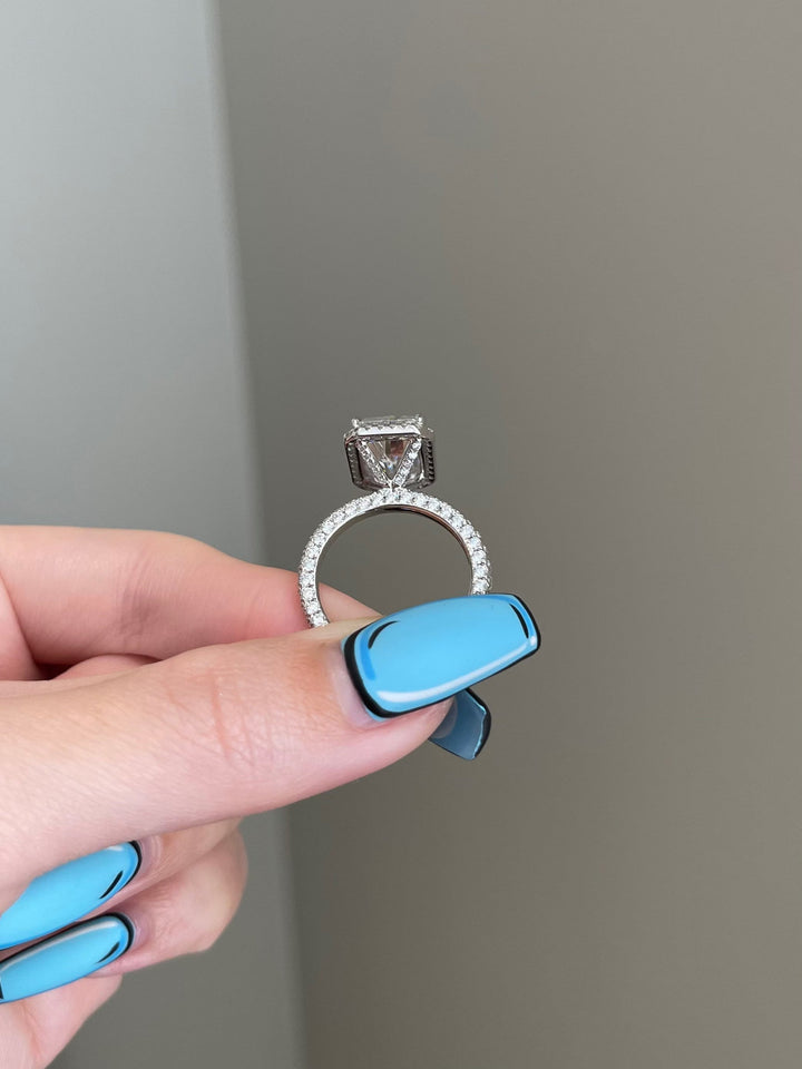 6.0ct Radiant Cut Halo 3 Side Pave Moissanite Diamond Engagement Ring