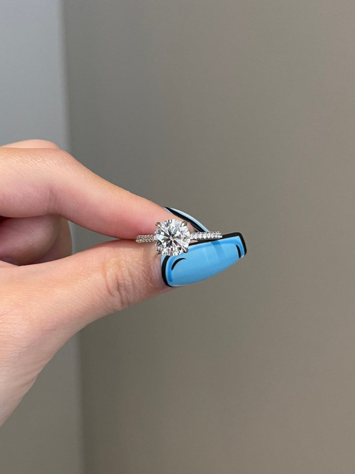 2.0ct Round Cut Hidden Halo 3 Side Pave Moissanite Diamond Engagement Ring