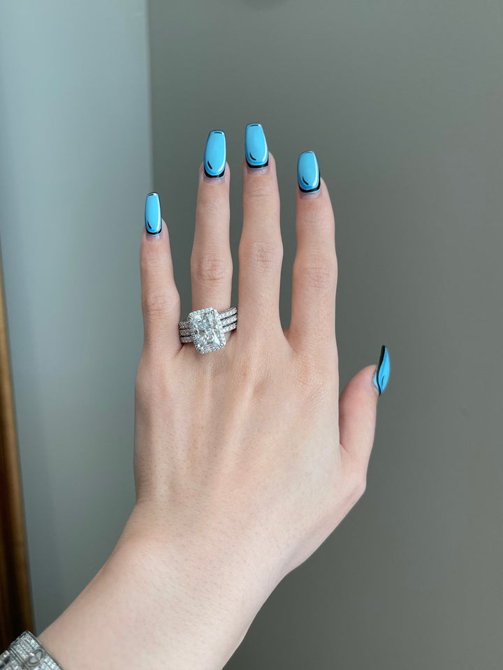 6.0ct Radiant Cut Halo 3 Side Pave Moissanite Diamond Engagement Ring