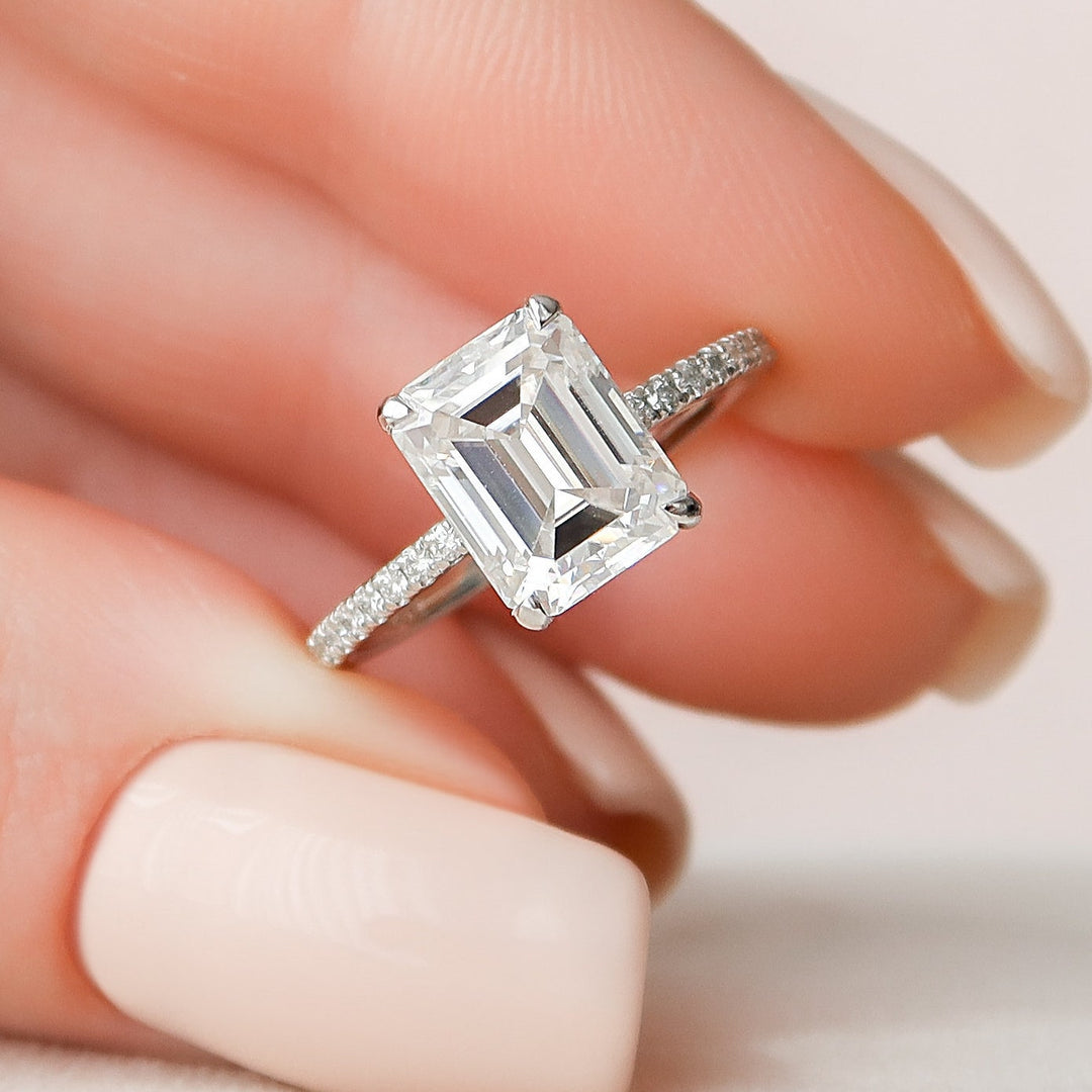 3.0ct Emerald Cut Hidden Halo Moissanite Diamond Engagement Ring
