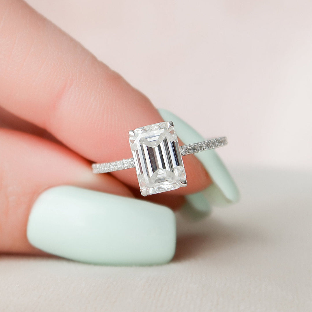 3.0ct Emerald Cut Hidden Halo Moissanite Diamond Engagement Ring