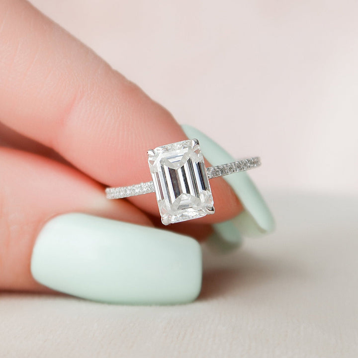 3.0ct Emerald Cut Hidden Halo Moissanite Diamond Engagement Ring