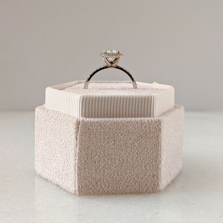 ethical bridal jewelry, eco conscious jewelry, lab grown bridal ring, lab grown wedding ring, radiant lab diamond ring, radiant lab grown diamond ring, halo lab diamond ring, premium lab created diamond ring