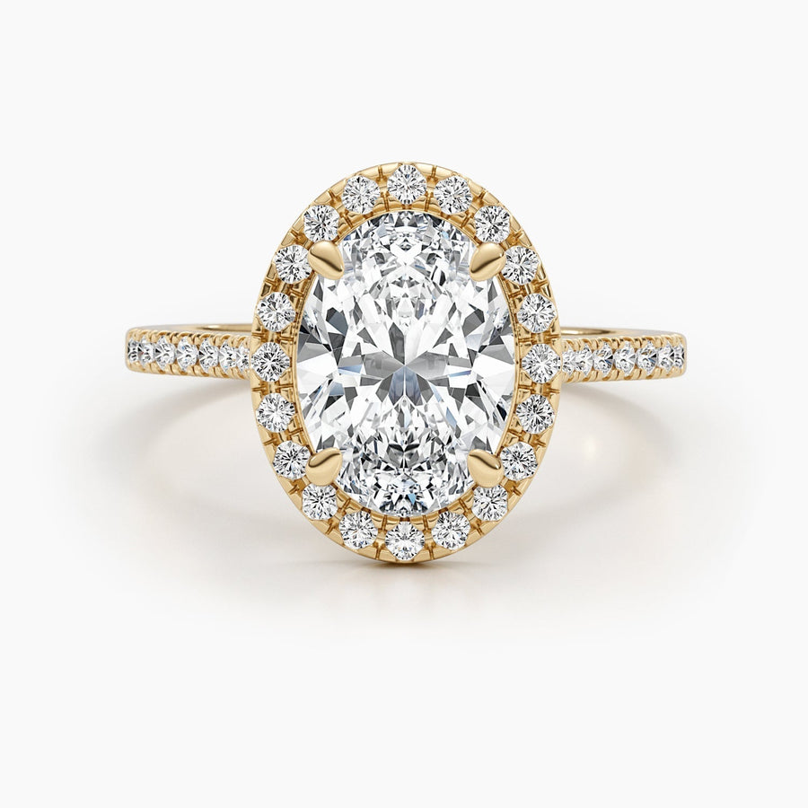 Oval halo lab grown diamond ring side profile in gold setting