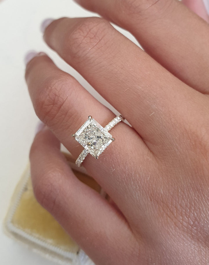 pavé engagement ring, diamond pavé ring, radiant pavé ring, luxury engagement ring, designer engagement ring, modern engagement ring, contemporary engagement ring, elegant engagement ring,