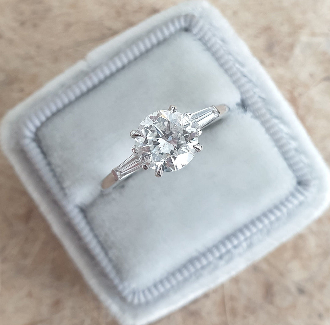 three stone engagement ring, trilogy engagement ring, past present future ring, round three stone ring, diamond trilogy ring, luxury engagement ring, designer engagement ring, elegant engagement ring